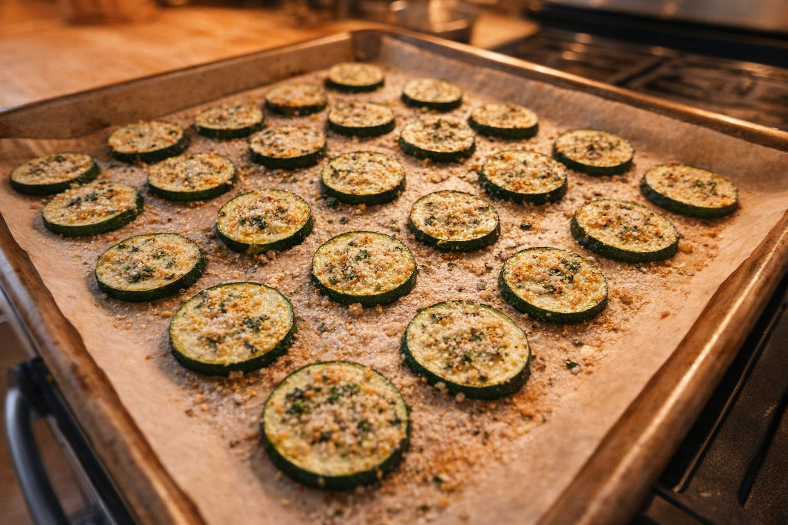 A top-down shot of perfectly baked zucchini rounds on a parchment-lined baking sheet, golden brown edges, sprinkled with parmesan and herbs, warm oven lighting